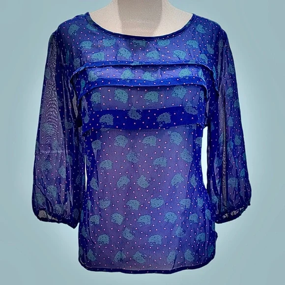 Hello Kitty Sheer Cobalt Blue Ruffle Blouse Women's L, Fits Like M, Pink‎ Hearts - Picture 2 of 10